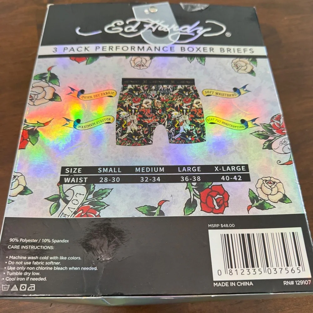 Ed Hardy Mens 3 Pack Performance Boxer Briefs Medium Tattoo Skull Rose Eagle NEW